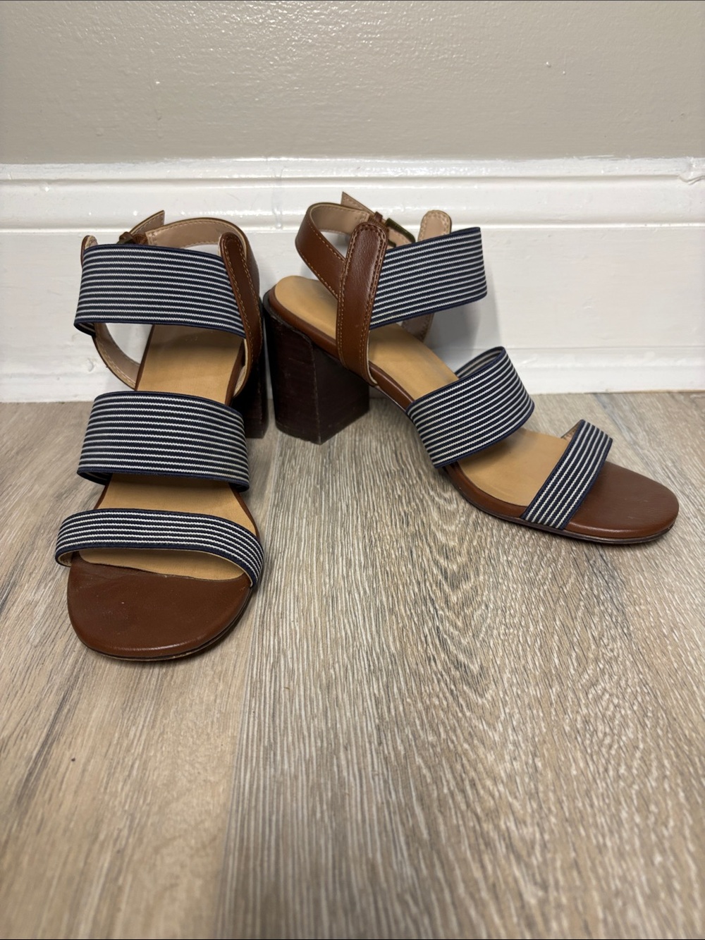 Market & Spruce Brown Leather Block Heel Sandals with Navy & White Striped Strap